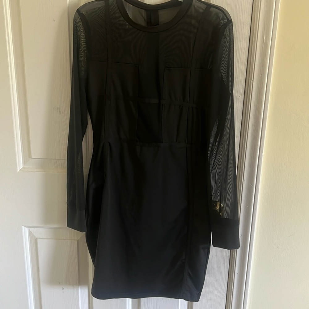 Black mini dress with sheer sleeves and front but covering bust
